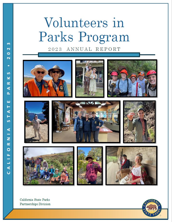 2023 volunteer program annual report cover showing volunteers serving in parks